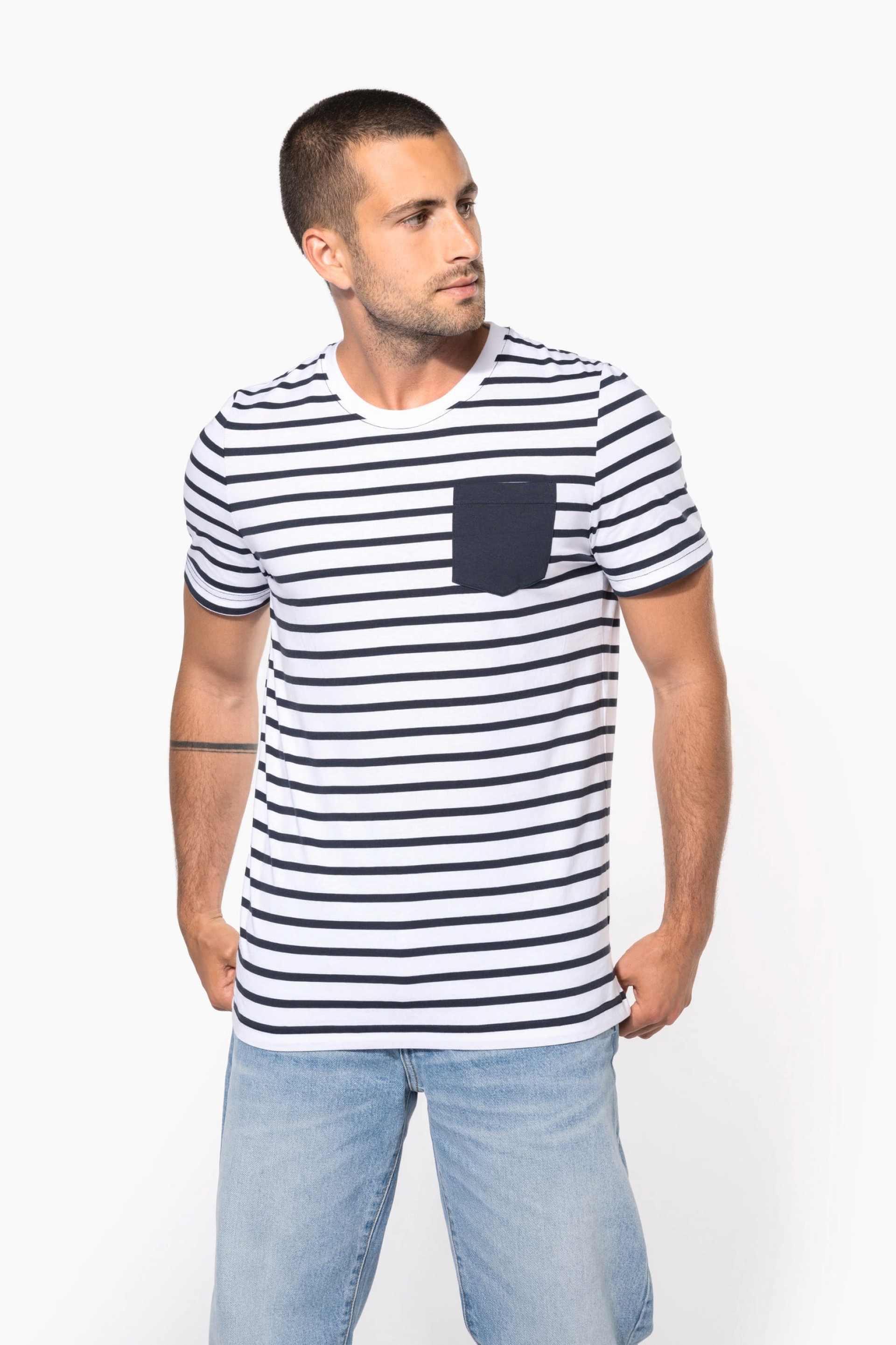 T-shirt estilo marinheiro de manga curta com bolso- K378