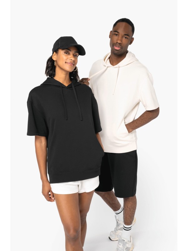 Sweatshirt eco-responsvel com capuz e ombros descados manga curta French Terry unissexo