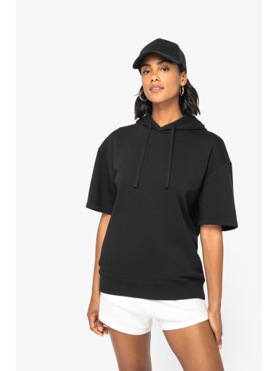 Sweatshirt eco-responsvel com capuz e ombros descados manga curta French Terry unissexo