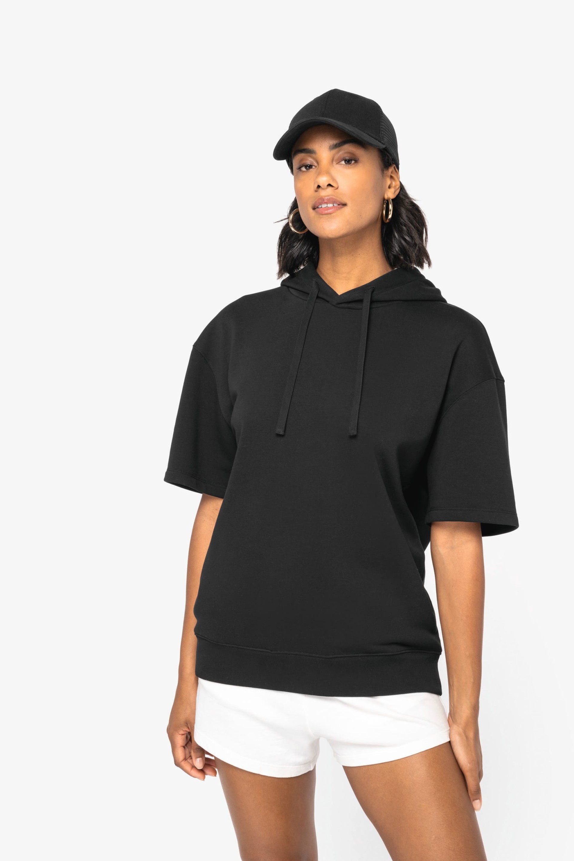 Sweatshirt eco-responsável com capuz e ombros descaídos manga curta French Terry unissexo