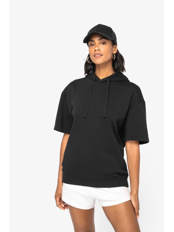 Sweatshirt eco-responsvel com capuz e ombros descados manga curta French Terry unissexo