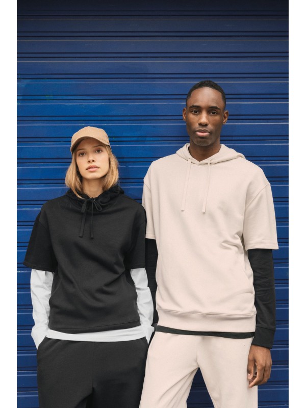 Sweatshirt eco-responsvel com capuz e ombros descados manga curta French Terry unissexo