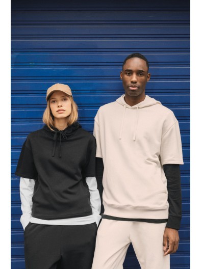 Sweatshirt eco-responsvel com capuz e ombros descados manga curta French Terry unissexo